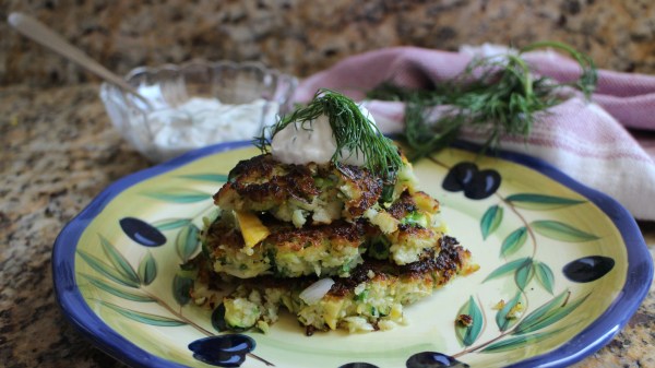 Kohlrabi and Summer Squash Fritters with Yogurt-Dill Sauce