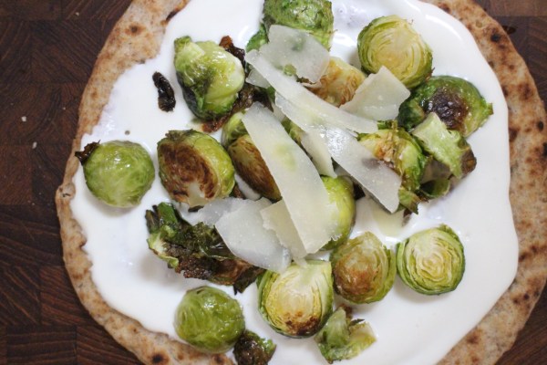 Roasted Brussels Sprouts Flatbread with Creamy Greek Yogurt